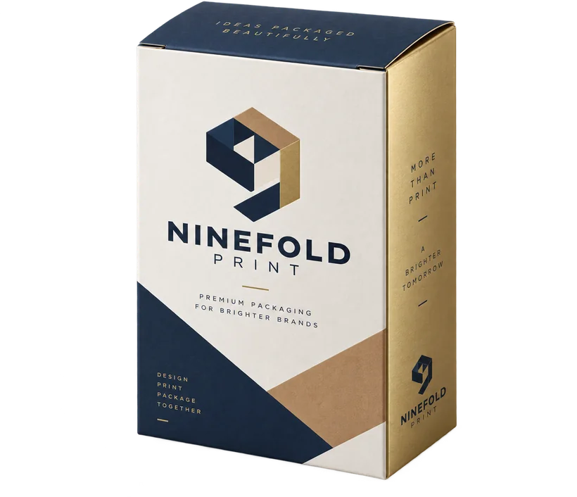 Folding carton with a metallic gold panel, navy and kraft printing