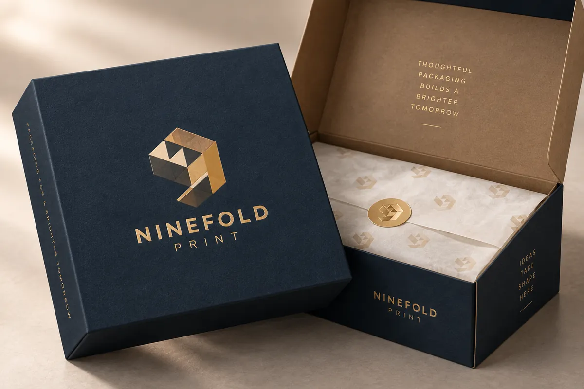 Rigid two piece box in navy with a gold foil mark, printed tissue and a foil seal